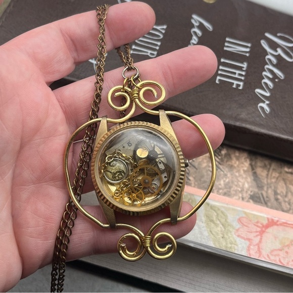 Vintage Jewelry - Vintage Bulova Golden Steampunk Wire Wrapped Watch Necklace